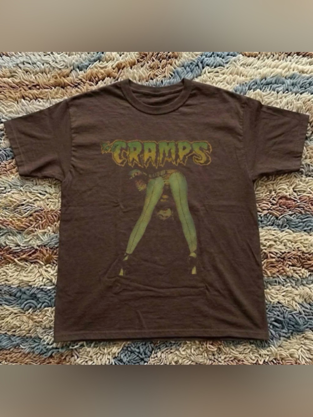 Vintage Brown Tee with Green Graphic 'CRAMPS' Print